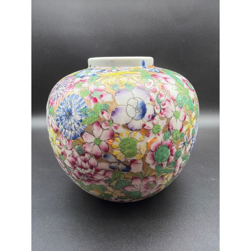 Vintage ACF Hong Kong Millefleur Floral Porcelain Ginger Jar Vase Chintz 6.5"x7"